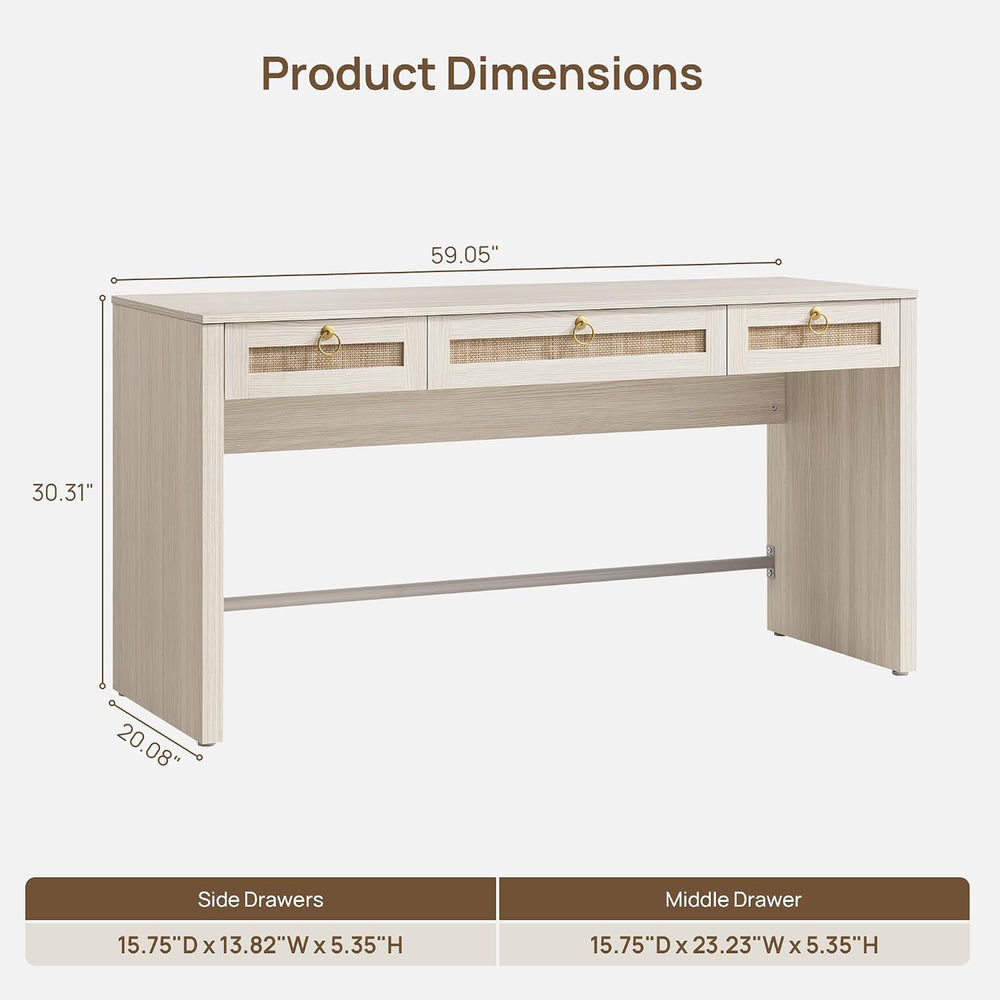 SICOTAS 60" Rattan Home Office Desk with 3 Drawers, White