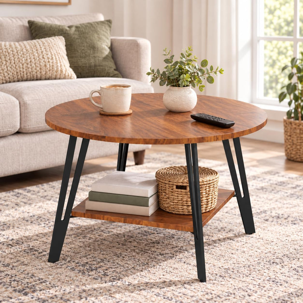 Manora 28" Round Coffee Table for Living Room, Storage Shelf, Rustic Brown