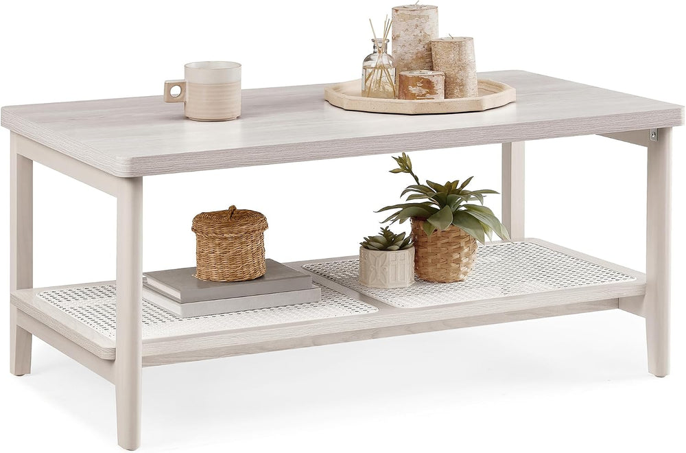 VASAGLE 2-Tier Coffee Table, Rectangular, PE Rattan Shelf, Rounded Corners