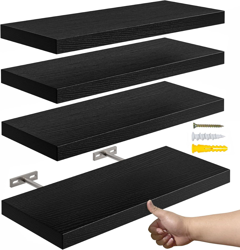 YUFLINX 16’’Black Floating Shelves for Wall Set of 4,Rustic Wood Shelf for Ro...