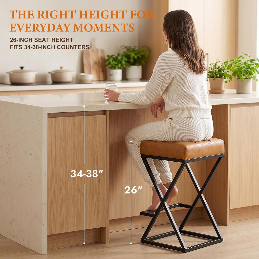 Bar Stools Set of 4, 26 Inch Counter Height Stool Faux Leather Brown