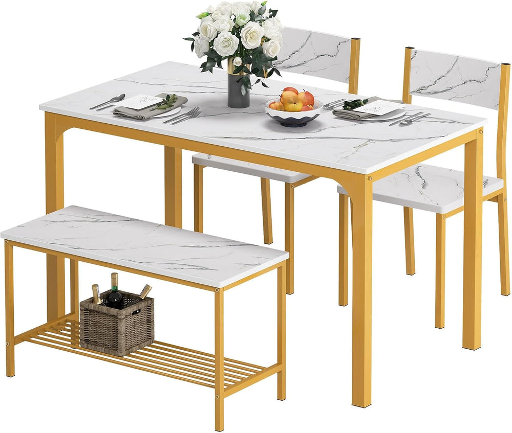 soges Kitchen Table Set for 4, Nesting Table with 2 Chairs & Bench, Marble