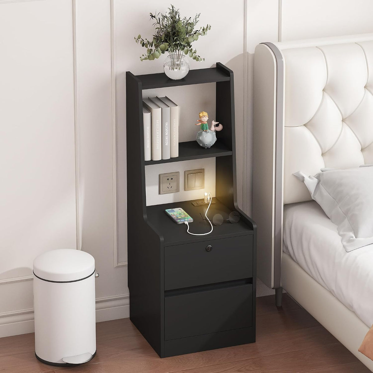 TERRUPEXSmart Nightstand with Wireless Charger & Voice Control Night Light, Modern Bedside Table with USB Ports AC Outlet, 2-Tier Bookshelf Lockable Storage Cabinet, with 7 Colors LED (Black)