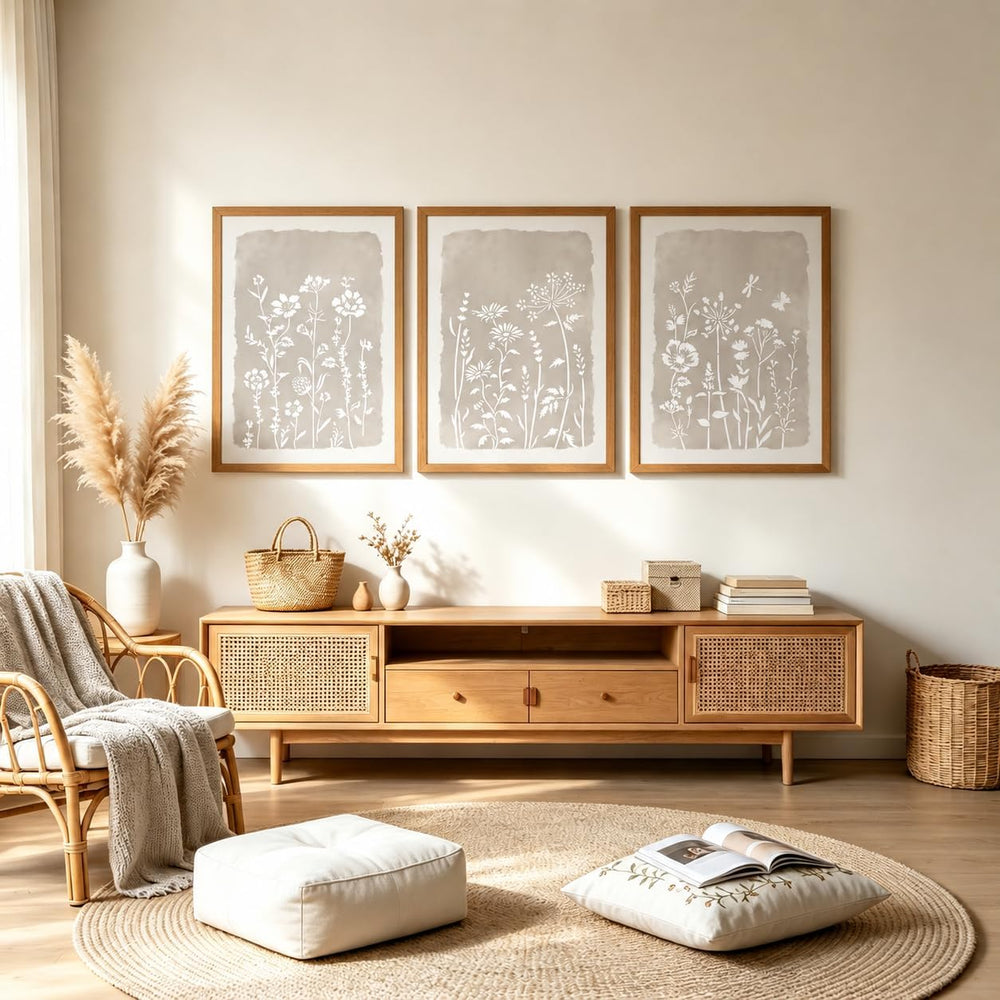 Neutral Floral Wall Art Set of 3, Brown Framed Botanical Canvas Prints