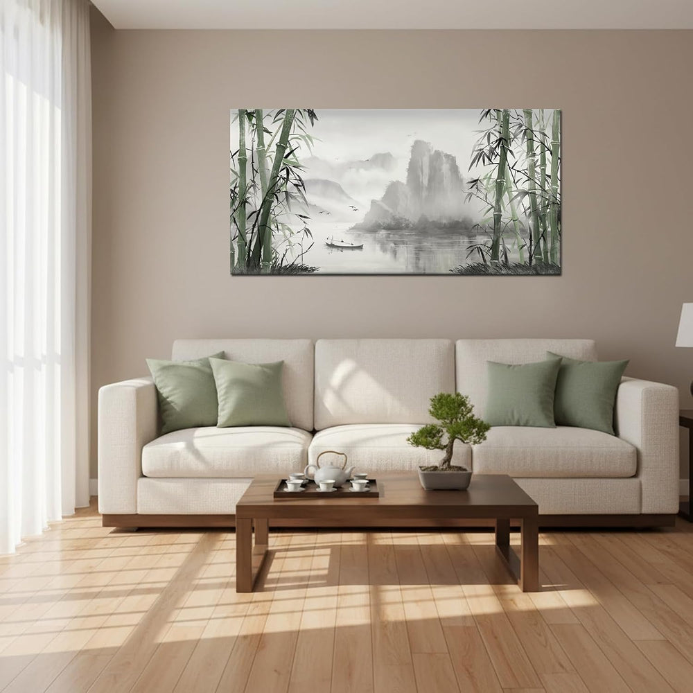 Biuteawal Black and White Nature Landscape Wall Art Green Bamboo Picture Canv...