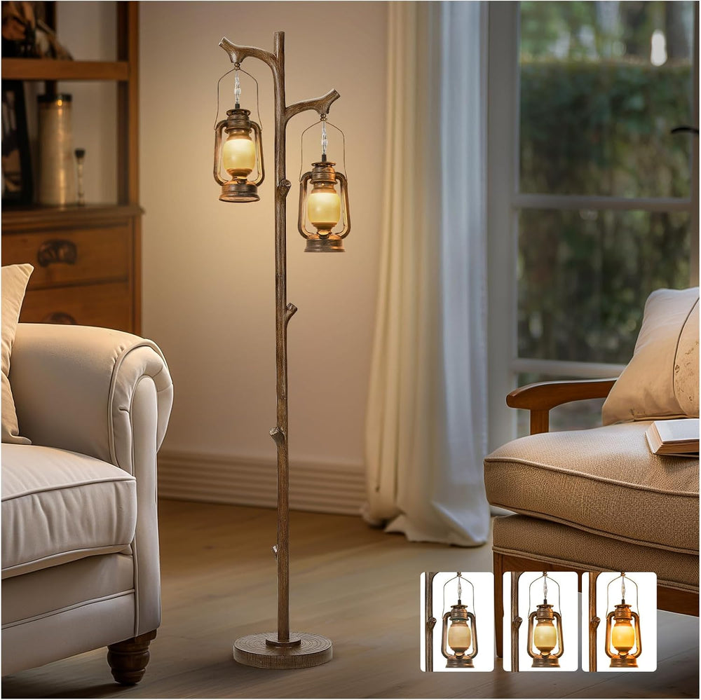 Scenekoy 68" Rustic Tree Trunk Floor Lamp with Lantern, Stepless Dimmable