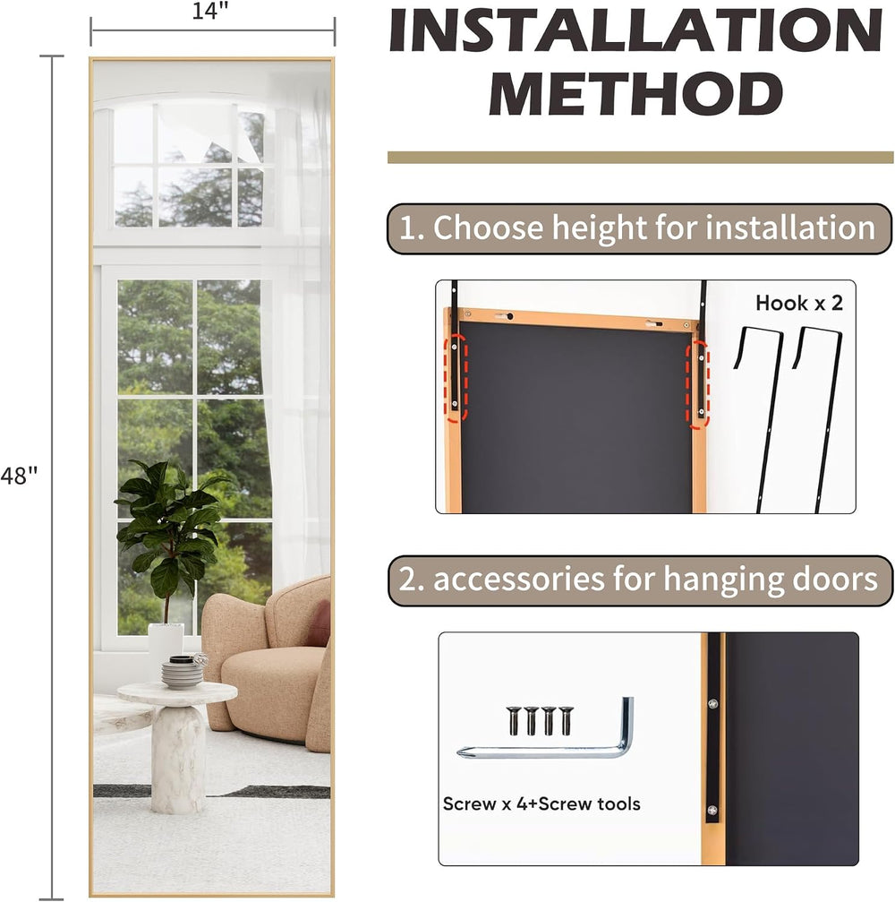 48"x 14" Over the Door Mirror Full Length, Full Body Mirror, Gold