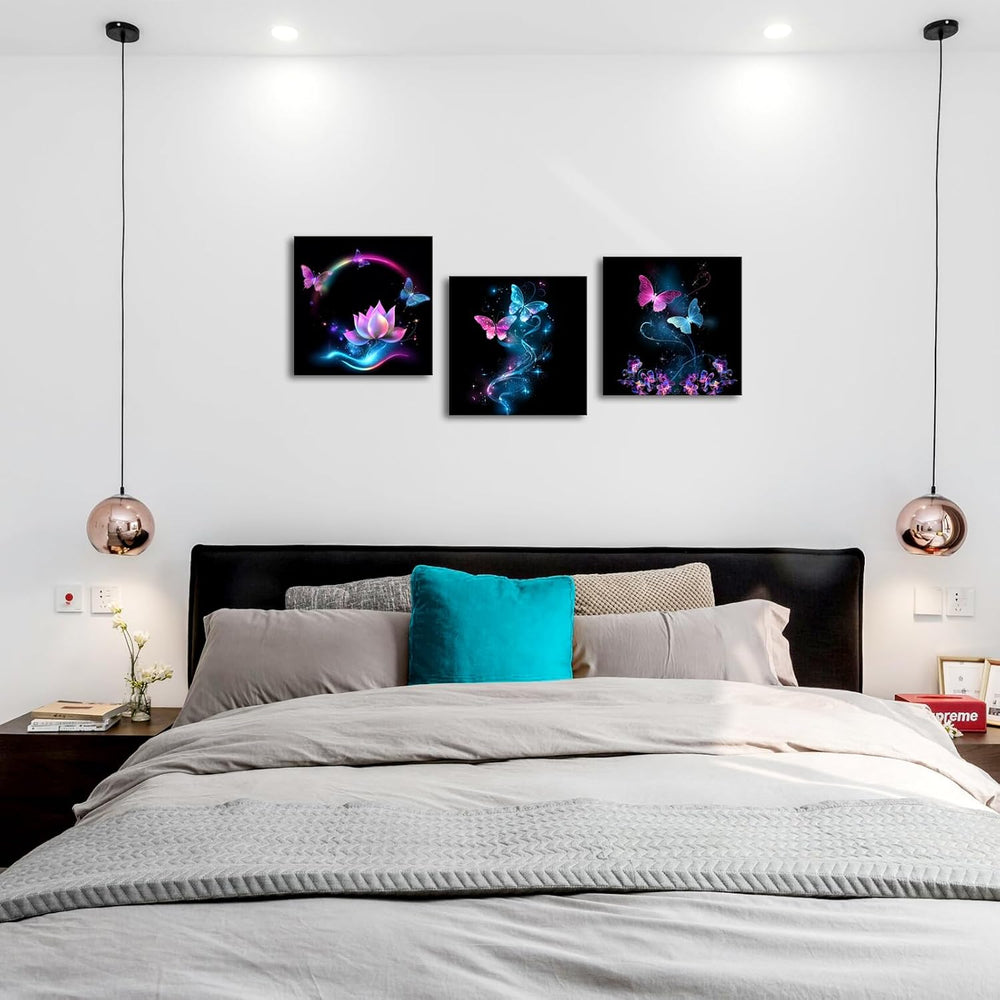 iKNOW FOTO Canvas Set of 3 Abstract Purple Butterfly Wall Art Flower Painting...