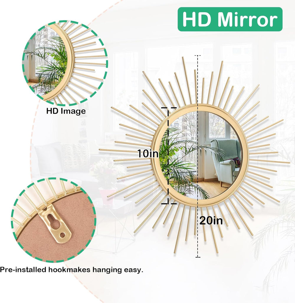 Large Gold Spoked Sunburst Wall Mirror Boho Home Decor Round Wall Art Mirror ...