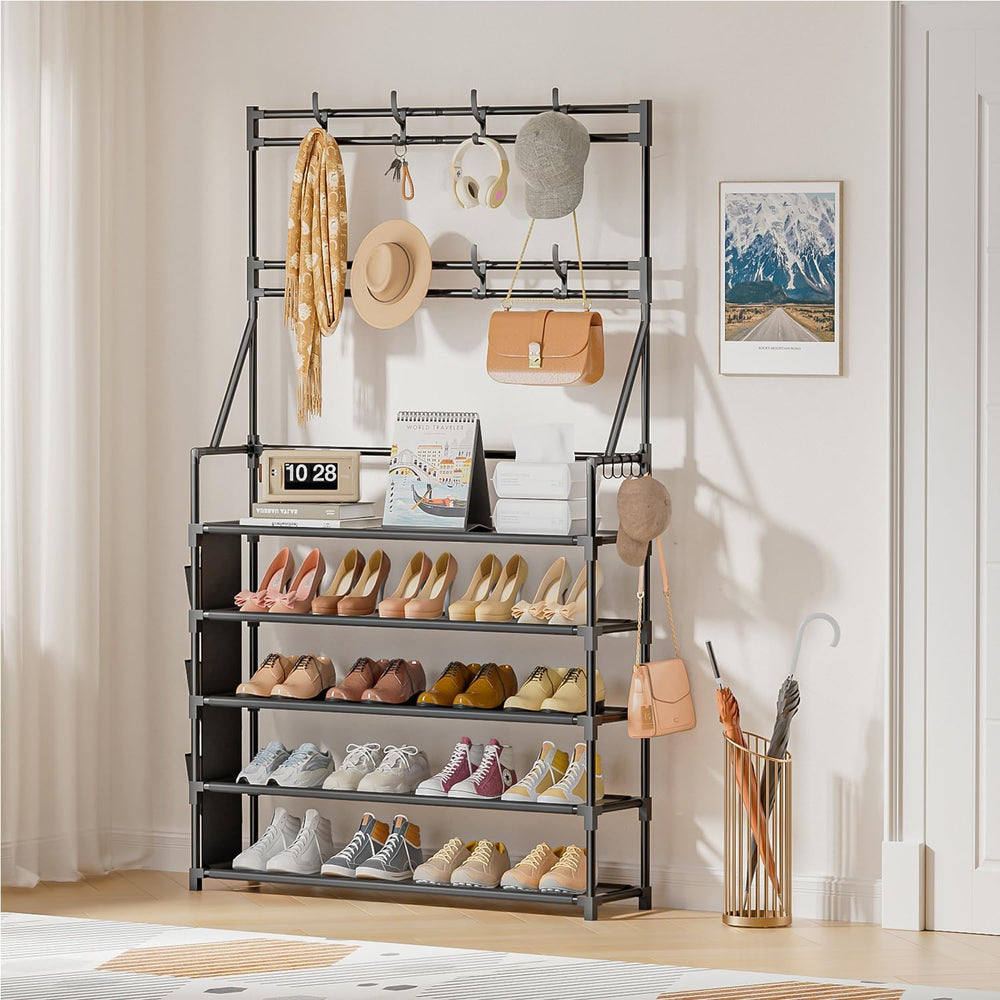 OYREL Shoe Rack, 5 Tier Shoes Storage Organizer with Hooks and Side Pocket