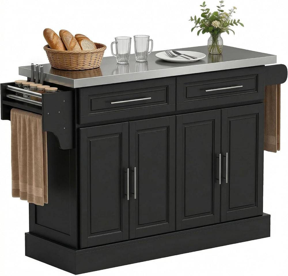 HOMCOM Rolling Kitchen Island Cart with 47" Stainless Steel Top Black