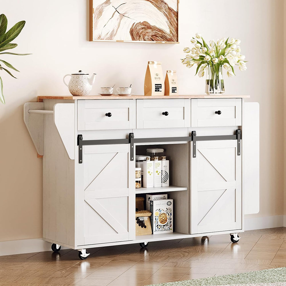 VINGLI 52" W Farmhouse Kitchen Island with Storage, Sliding Doors, White