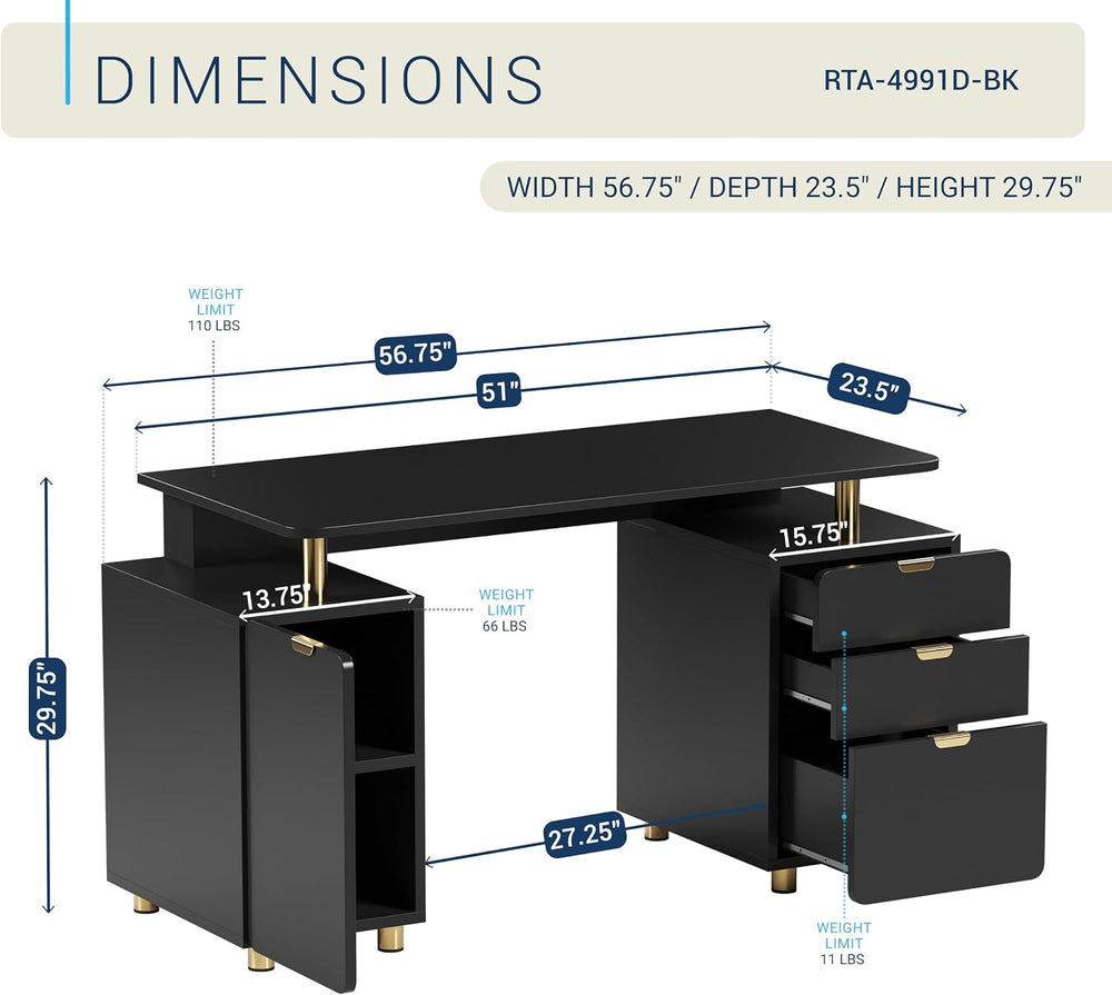 Techni Mobili 57"W Computer Desk w/ 3 Drawers & Storage Cabinet, Bla...