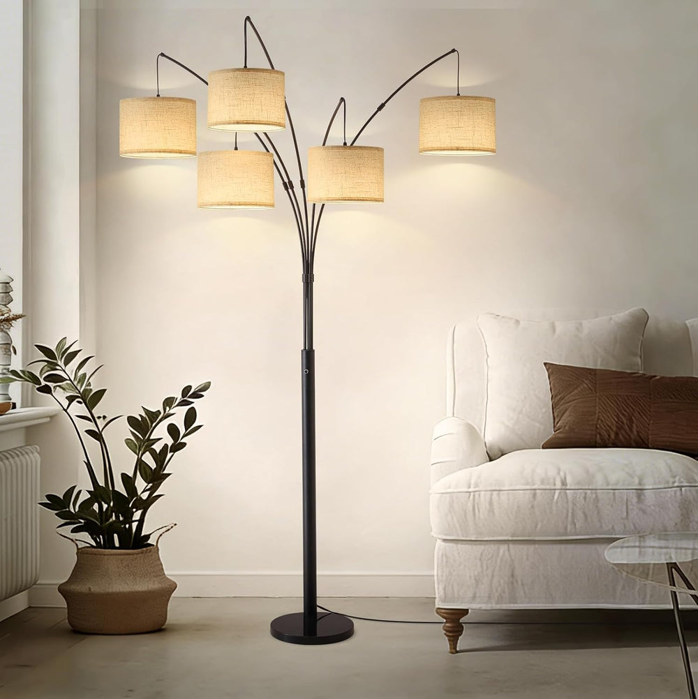 Bright Floor Lamp, Remote Control, Beige Shade Black Pole