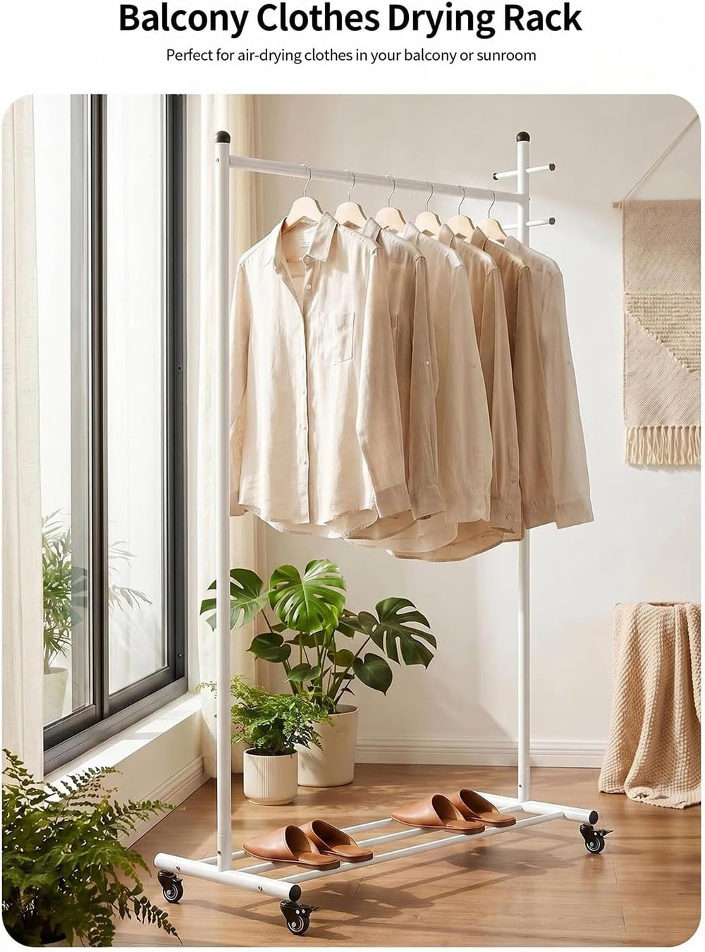 Rolling Clothes Rack Heavy Duty Garment Rack with Wheels, White
