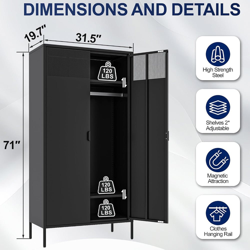 Ustamio 71 Inches Black Metal Wardrobe Cabinet with Hanging Rod, Metal Armoir...