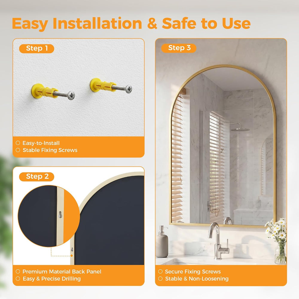 DUMOS 26"x38" Arched Wall Mirror, Bathroom Mirrors for Over Sink, Gold