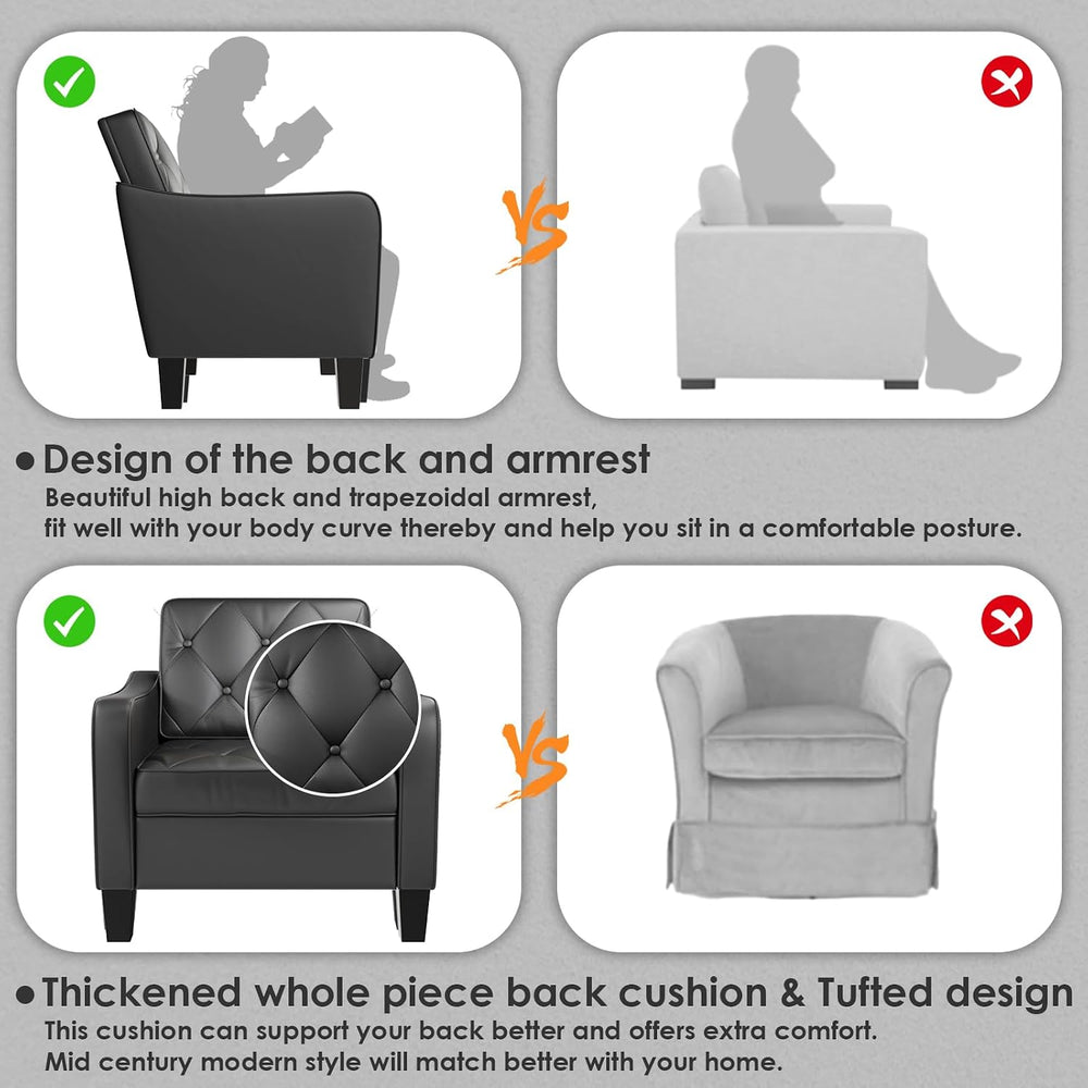 Black Tufted Leather Accent Chairs, Wide Armchairs for Living Room Office