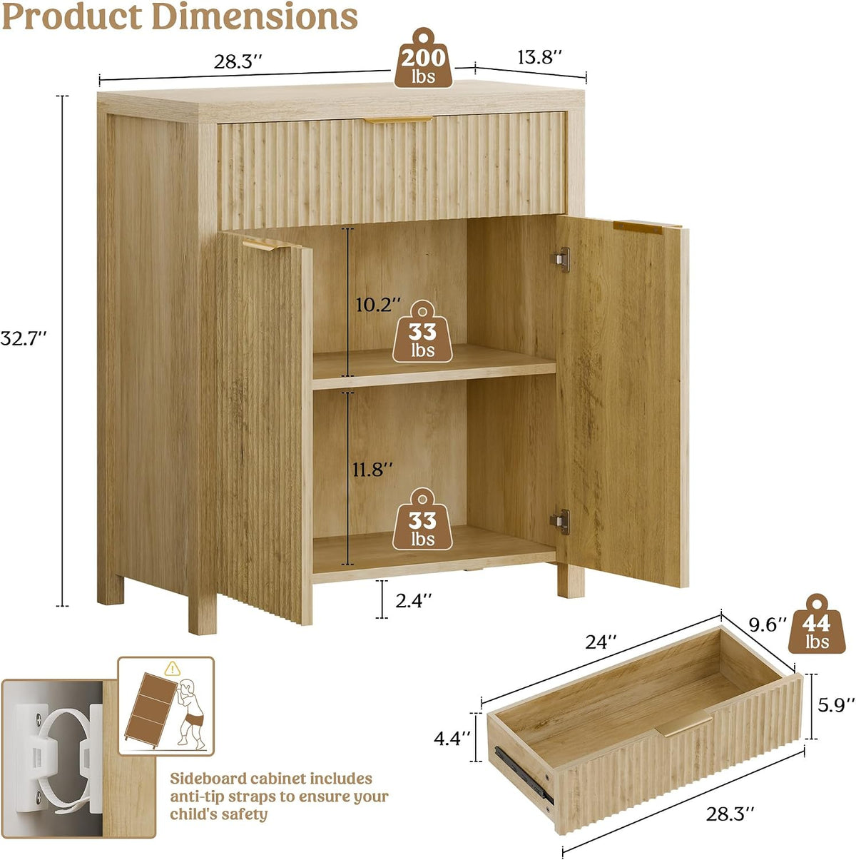Lulive Fluted Buffet Cabinet for Kitchen, 28.3" Sideboard Cabinet Natural