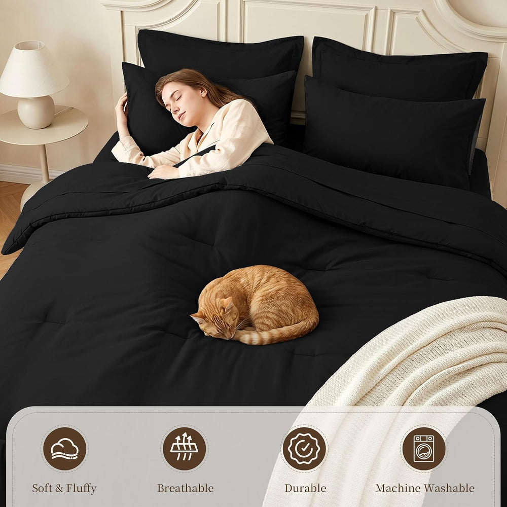Queen Comforter Set 7 Piece with Lightweight Comforter, Black