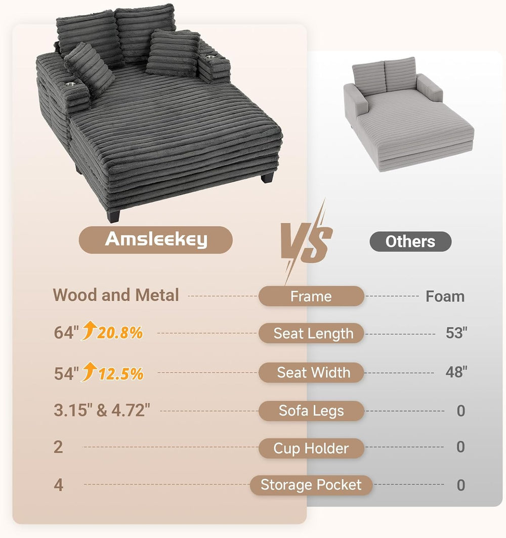 Amsleekey 64" Oversized Chaise Lounge Chair with Wood Frame, 2 Cup Holders