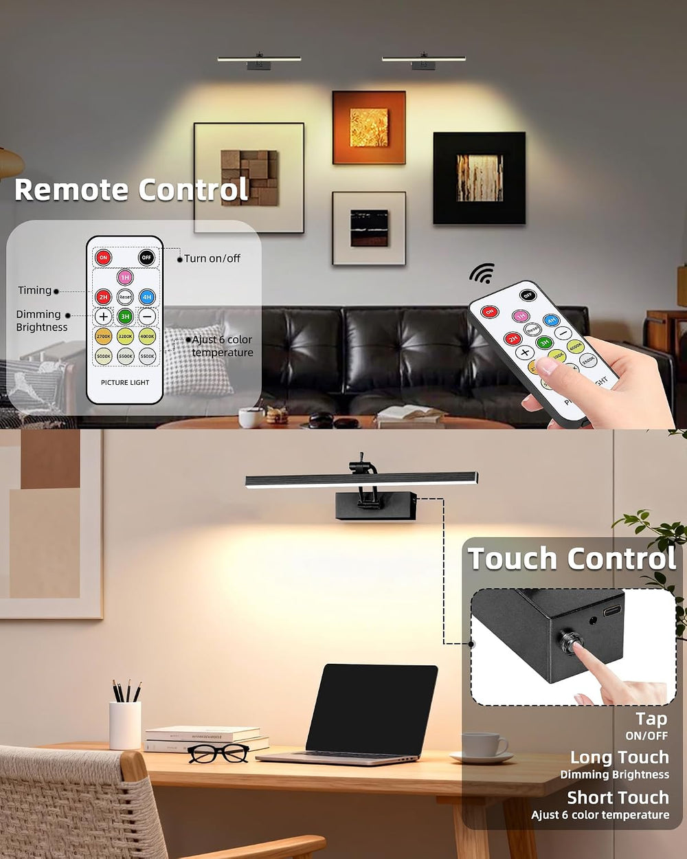 2 Pack 16-Inch Picture Light with Remote, 5200mAh Battery Operated