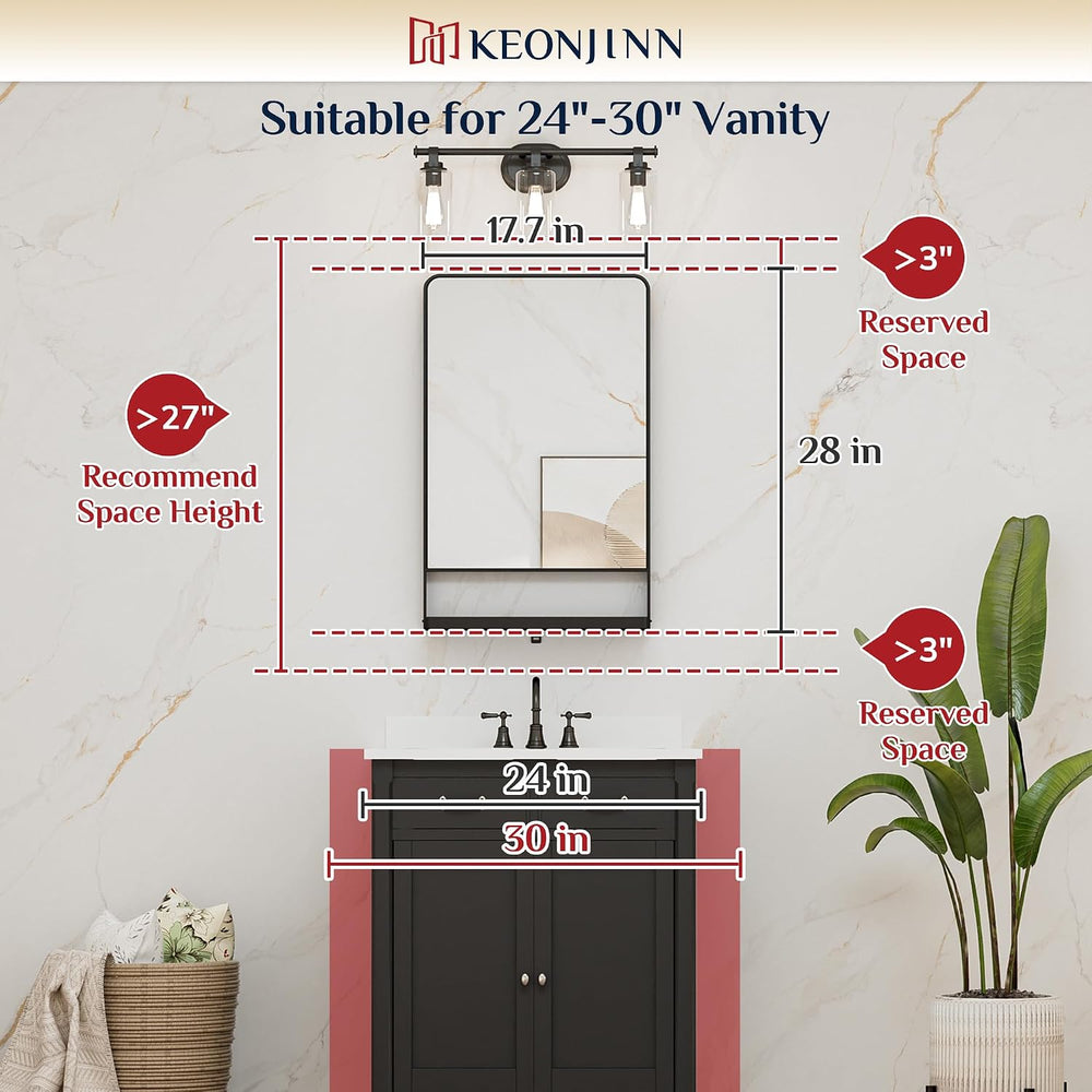 Keonjinn 18 x 28 Inch Black Bathroom Mirror with Shelf, Rust-Resistant