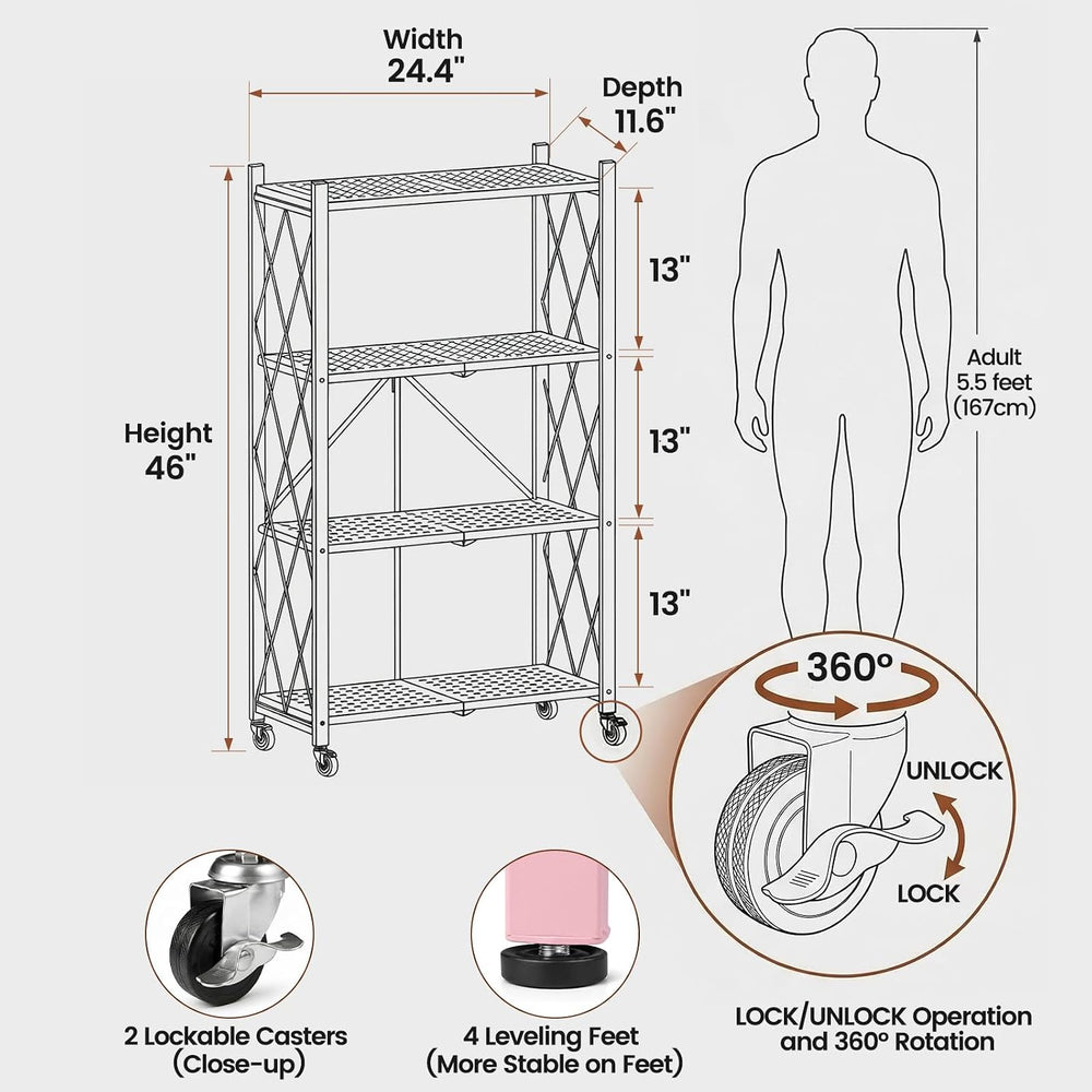 ALANNG 4 Tier Folding Shelf with Wheels, No Assembly Metal Storage Rack