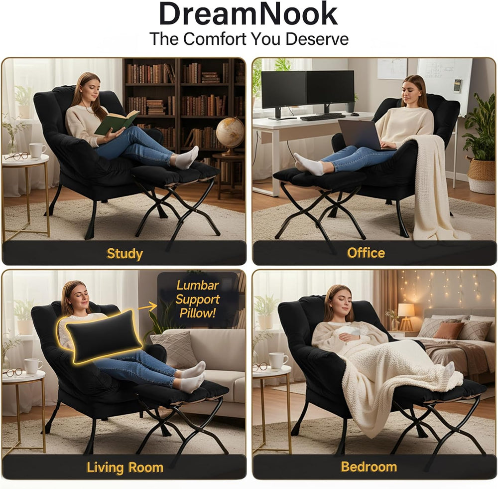 Lazy Chair with Ottoman, Comfy Chair with Pillow，Pure Black