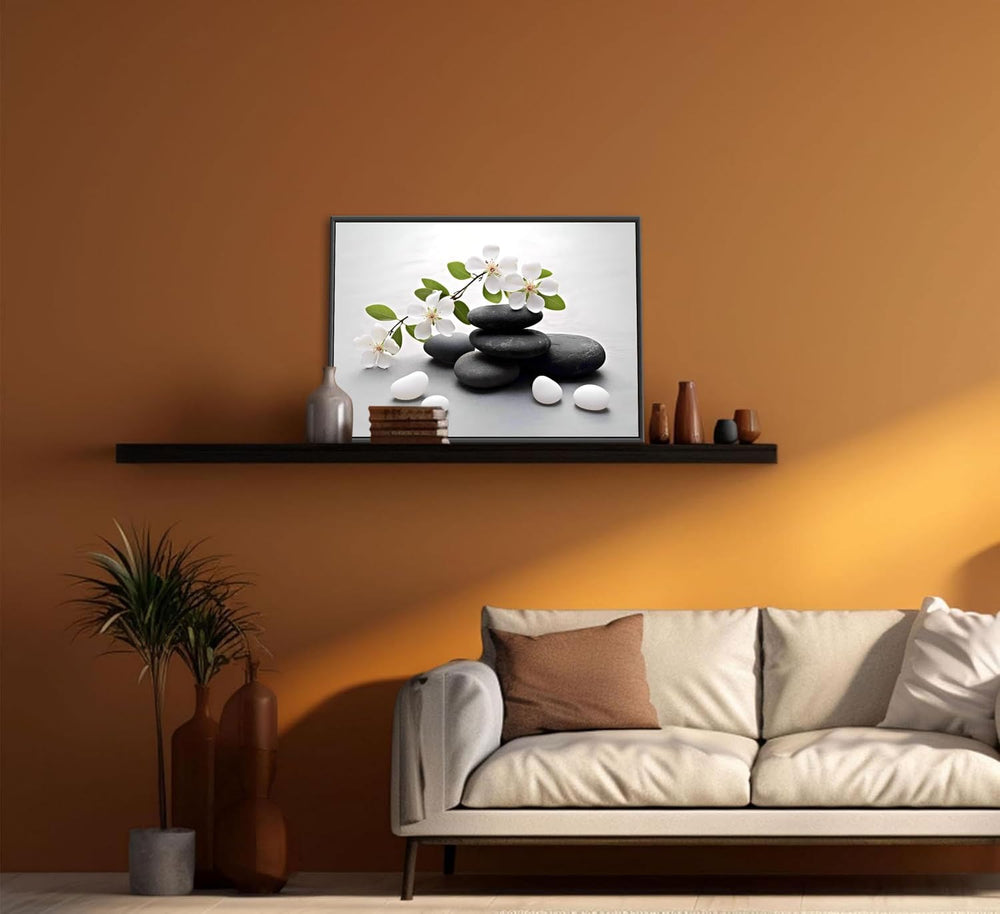 Framed Zen Stone Flower Canvas Wall Art Orchid Flower Black White Zen Stone P...