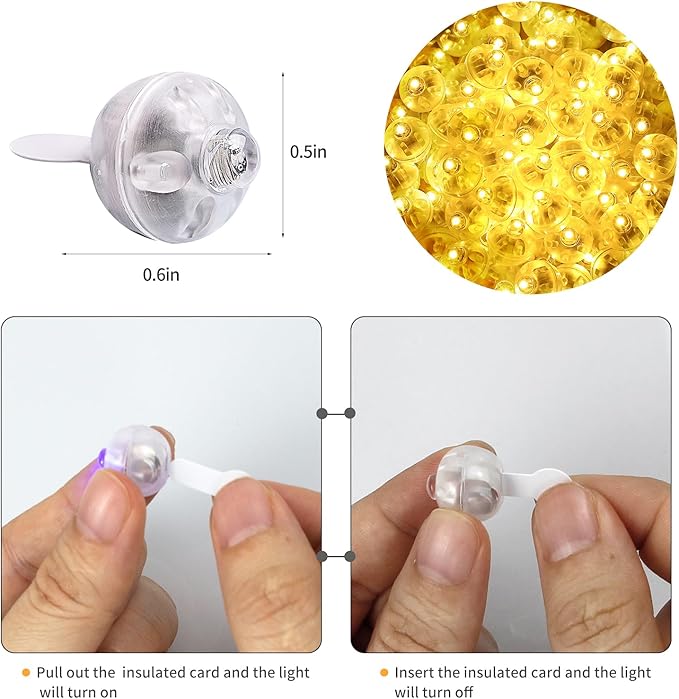 Aogist 100pcs Yellow Mini Lights with Hook,Long Standby Time Waterproof LED Balloon Light,Battery Powered,Ball Lamp for Balloon Paper Lantern Birthday Party Christmas Halloween (Matching Tag Rope)