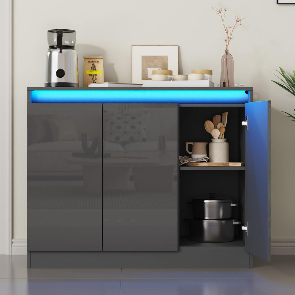 Furnify High Gloss Buffet Cabinet with LED Lights & Charging Station, Grey