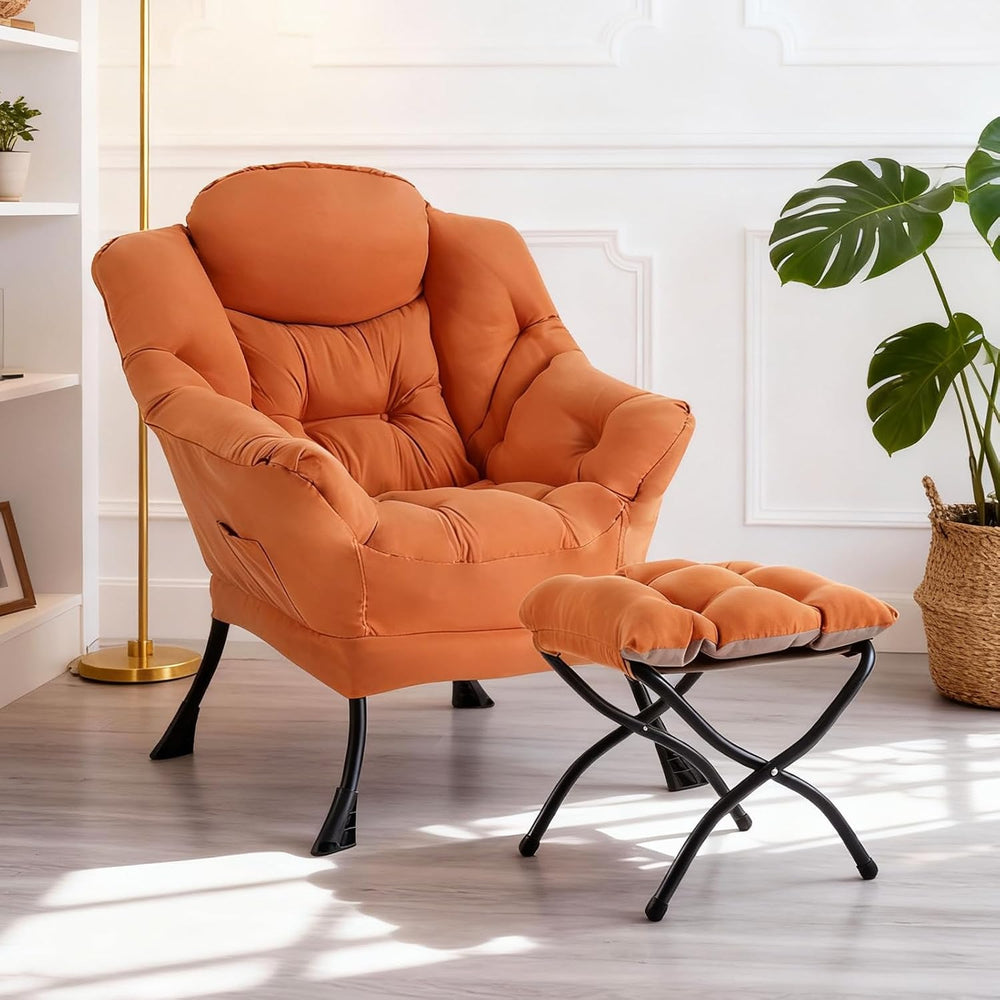 Furlide Lazy Chair with Ottoman, Soft Comfy Chair for Bedroom, Orange