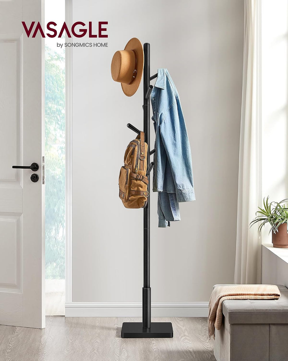 VASAGLE Solid Wood Coat Rack, Free Standing, 8 Hooks, 3 Height Options
