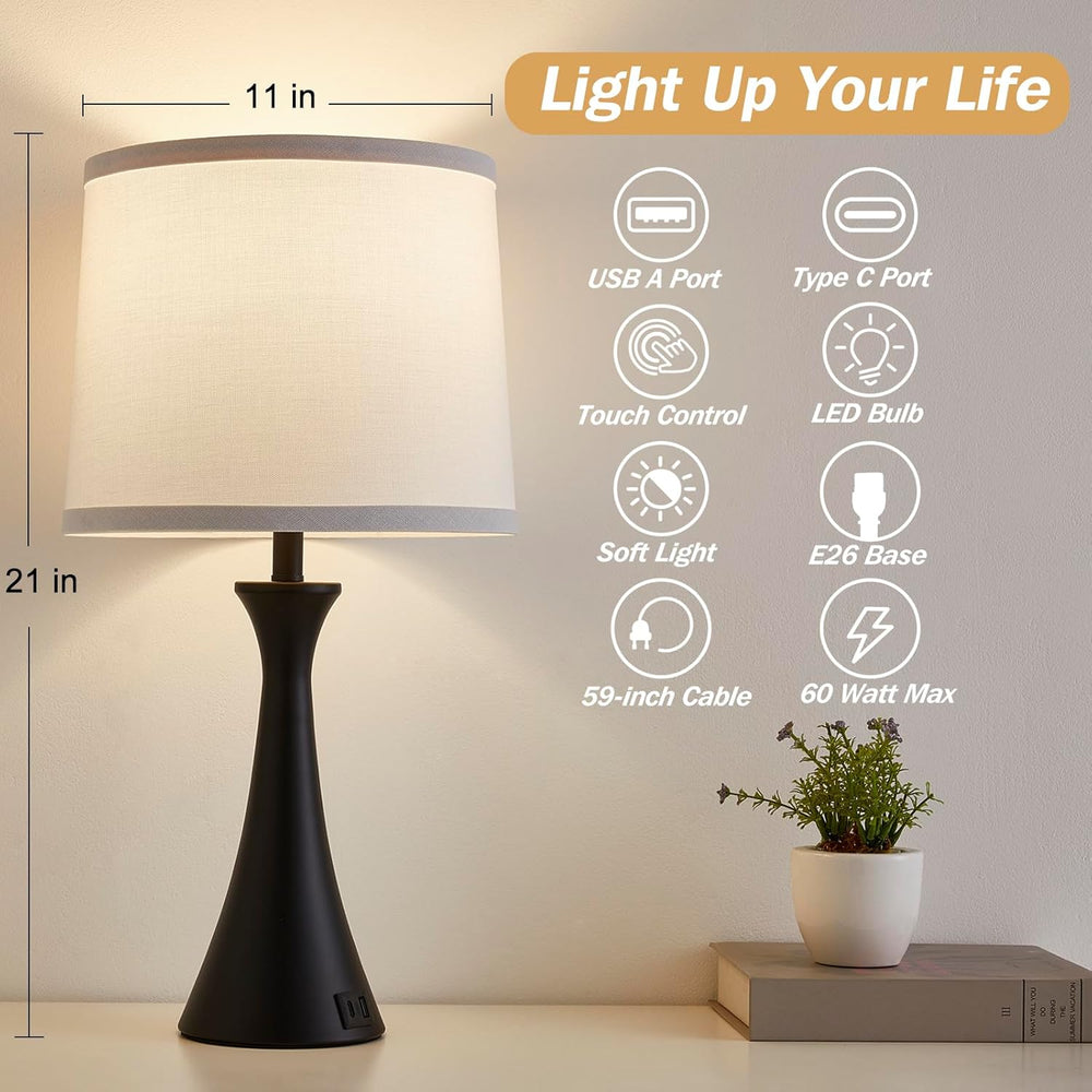 Touch Table Lamps Set of 2, 21" Bedside Lamps with USB C+A