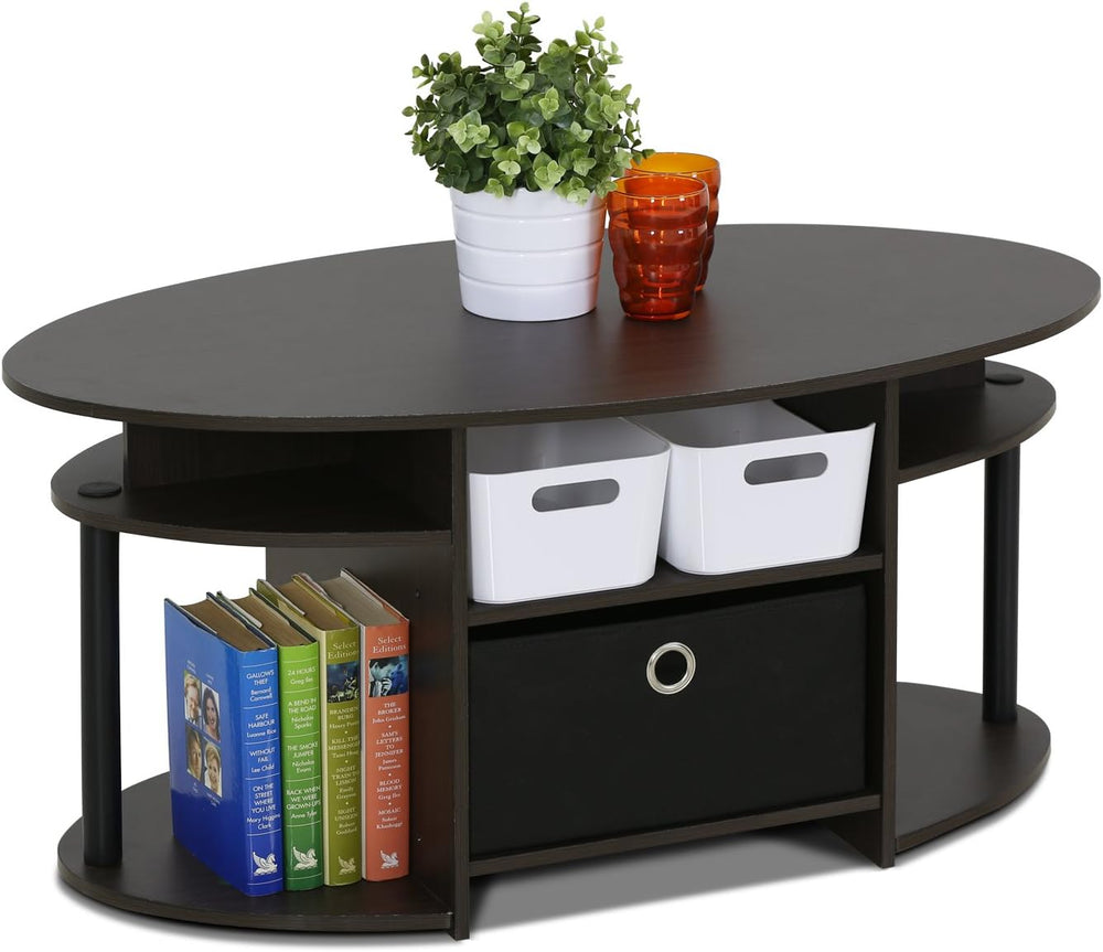 Furinno Jaya Simple Design Oval Coffee Table with Bin for Living Room, Walnut