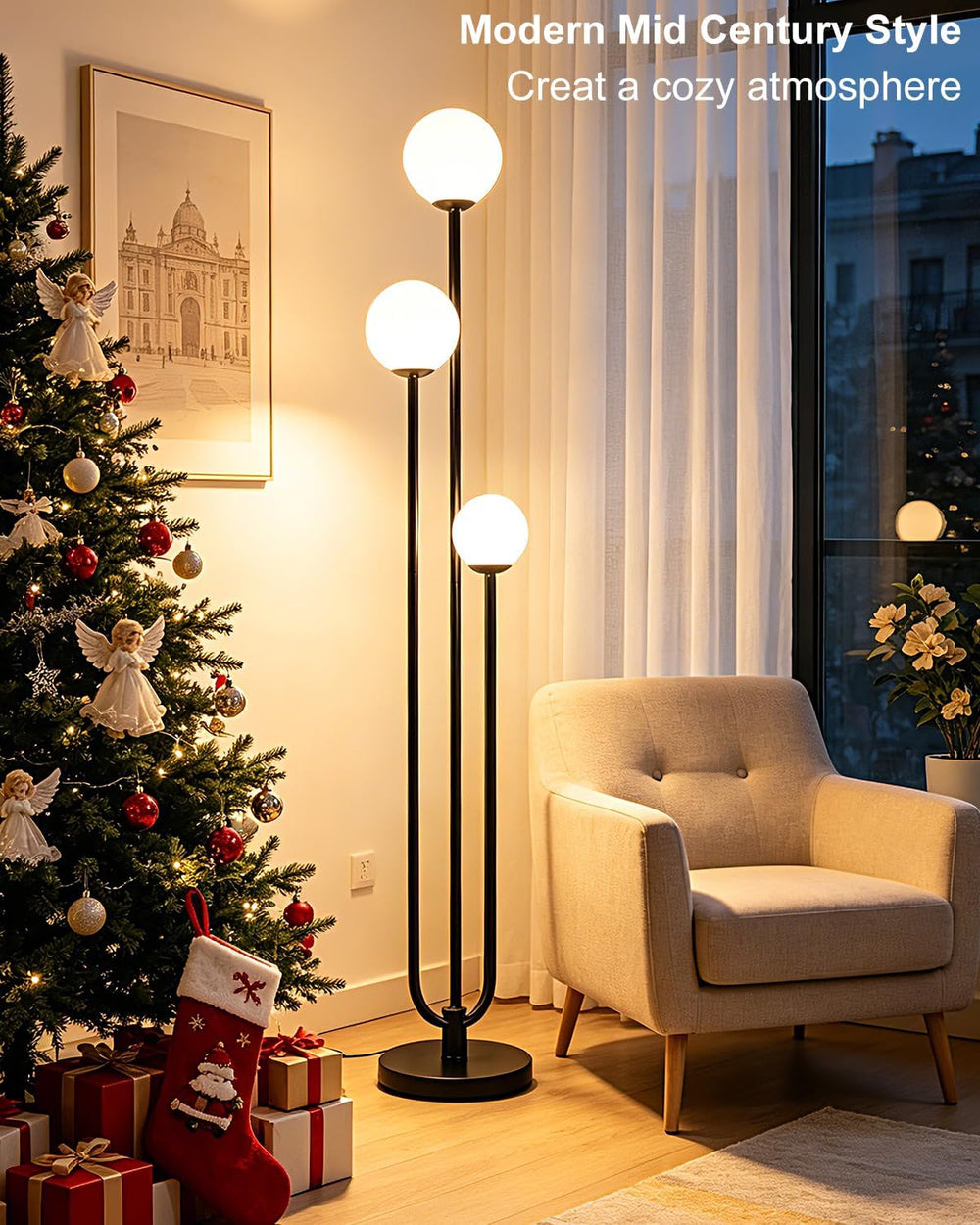 63IN 3-Light Dimmable Floor Lamp, Unique Black Tall Standing Lamps with 3000K...