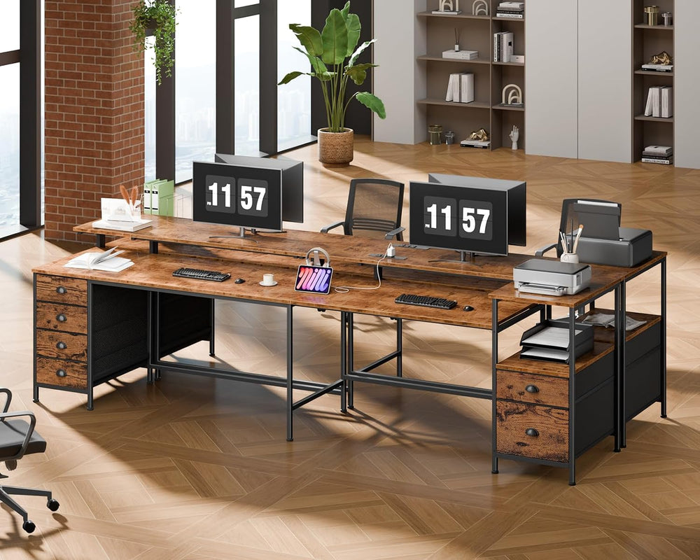 Furologee 95'' Two Person Computer Desk with 6 Drawers, LED, Rustic B...