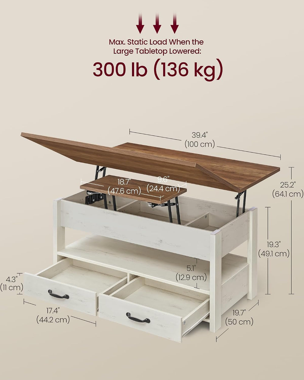 VASAGLE Lift Top Coffee Table, 3 in 1 Center Table with Storage, 2 Drawers