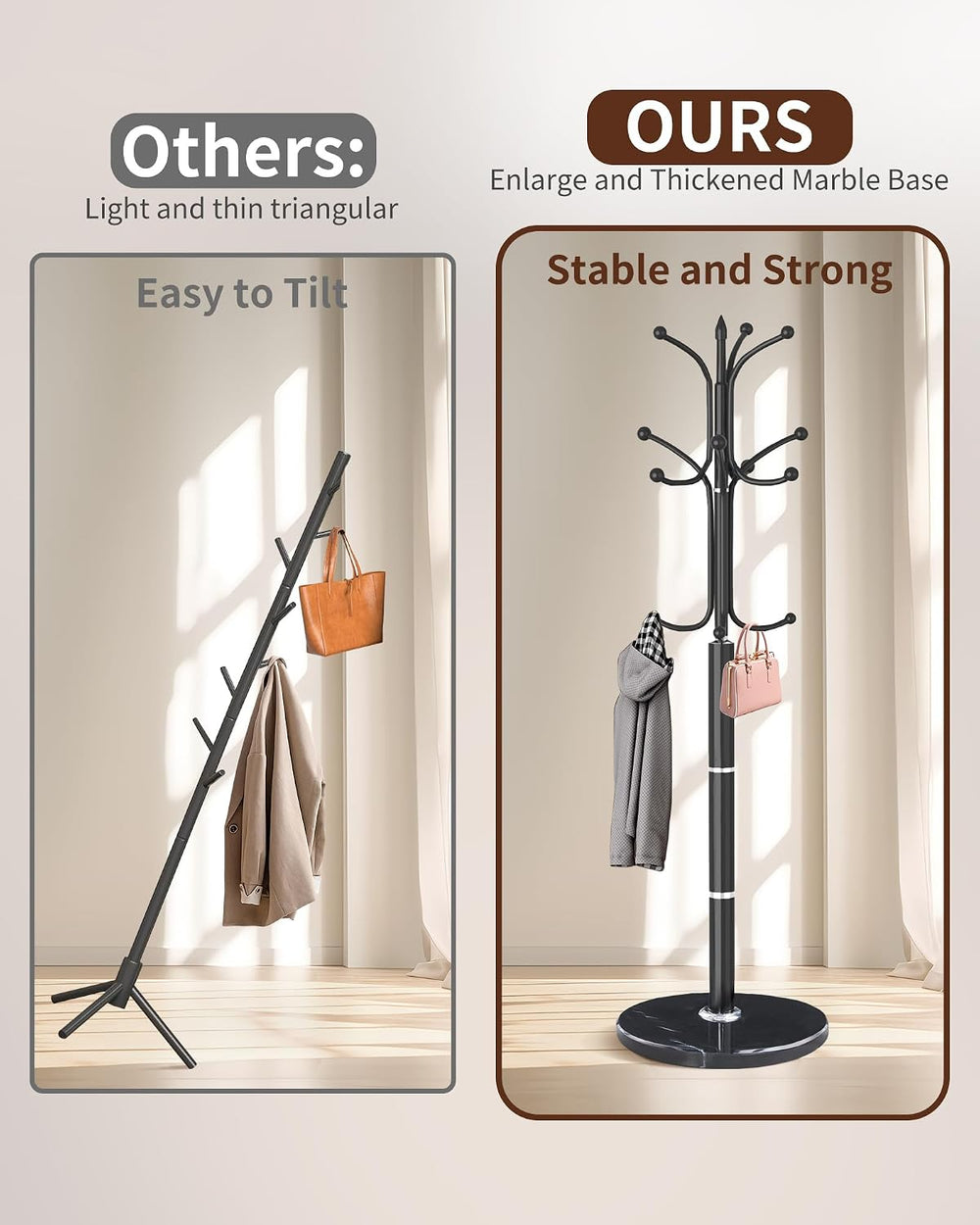 Snaikor Metal Coat Rack Freestanding, Sturdy Coat Rack Stand with Natural Mar...