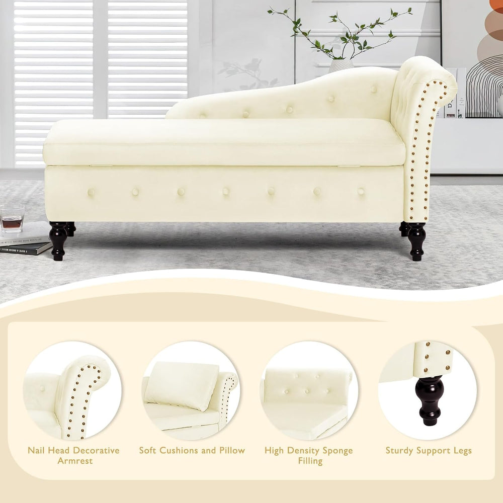 Velvet Chaise Lounge w/Right Armrest & Storage Space, Beige