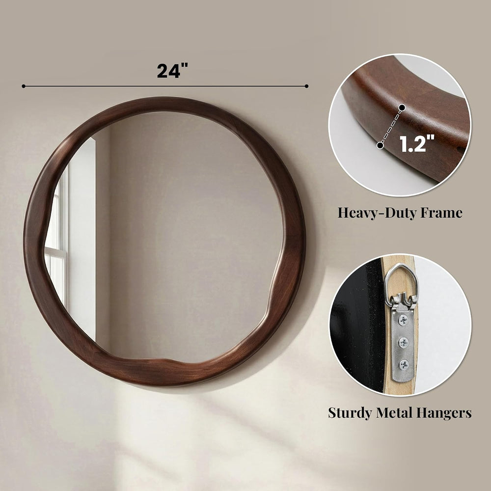 Dark Walnut 24 Inch Round Wood Wall Mirror, Asymmetrical Inner Edge