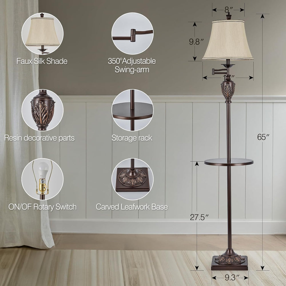 Traditional Floor Lamp with Tray, Remote Dimmable, 350° Swing Arm and Brown
