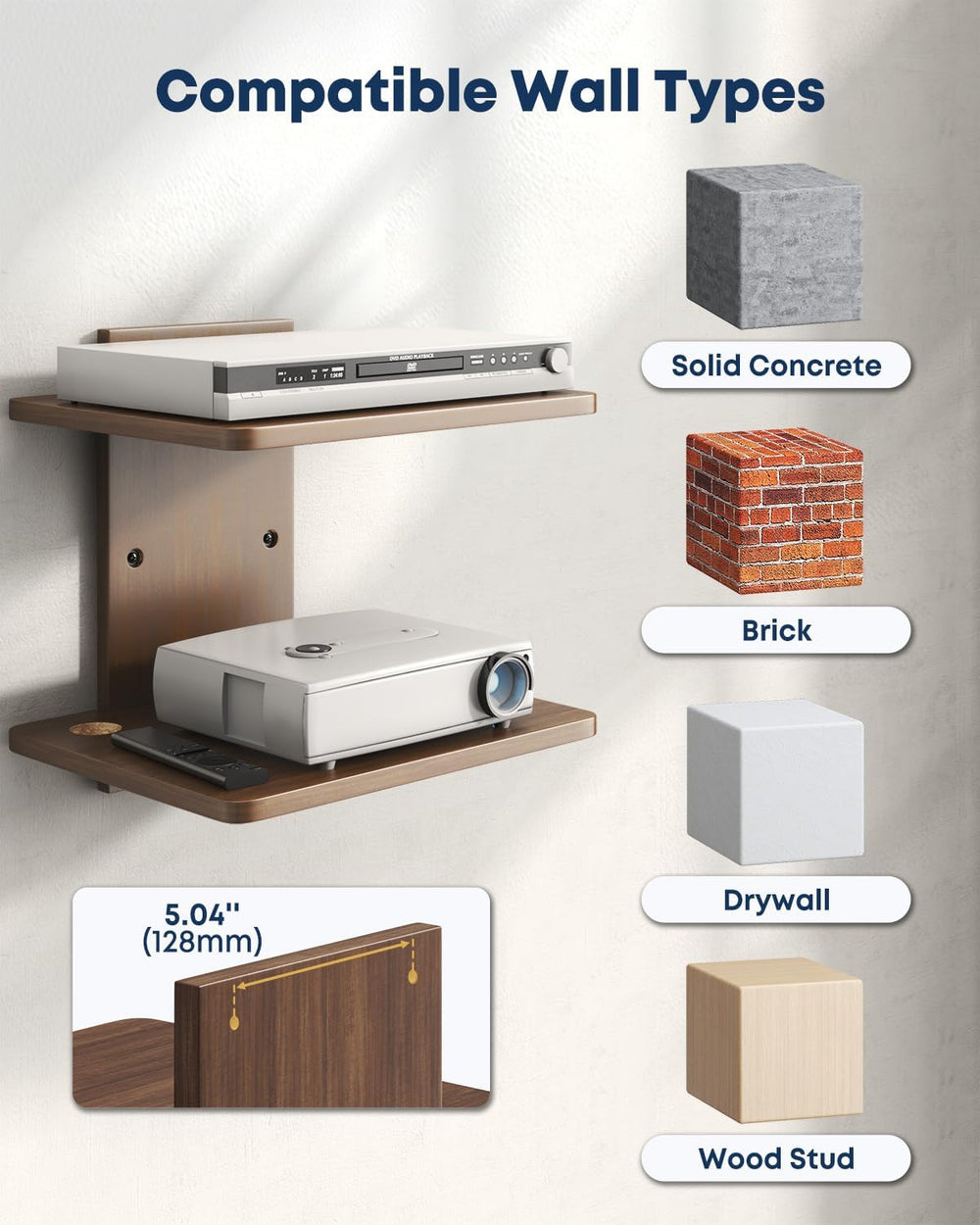 Floating TV Projector Shelf Wall Mount - 2 Tier Wooden Shelf, Walnut Brown