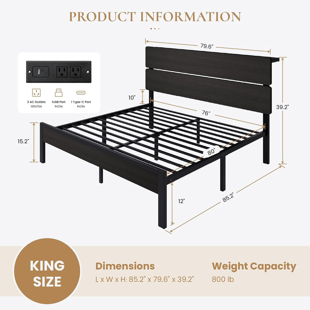 SHA CERLIN King Size Bed Frame, Led Light, Charging Station, Storage Shelf