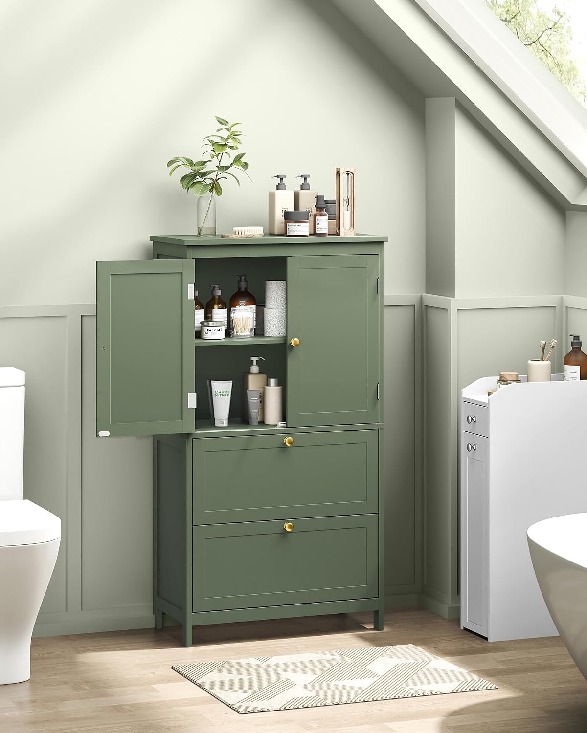 VASAGLE Bathroom Floor Cabinet with 2 Doors, 2 Drawers, Forest Green