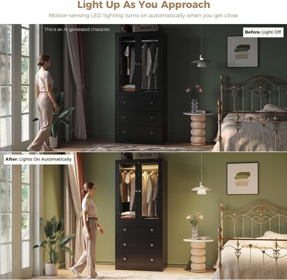 VOWNER 71" H Armoire Wardrobe Closet with Motion Sensor LED Light (Black)