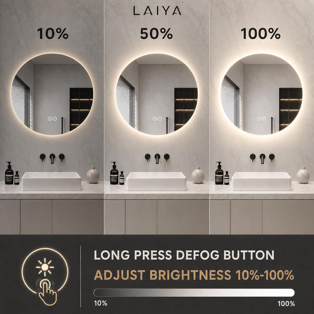 LAIYA 24 Inch Round LED Bathroom Mirror Frameless Backlit Anti-Fog Dimmable