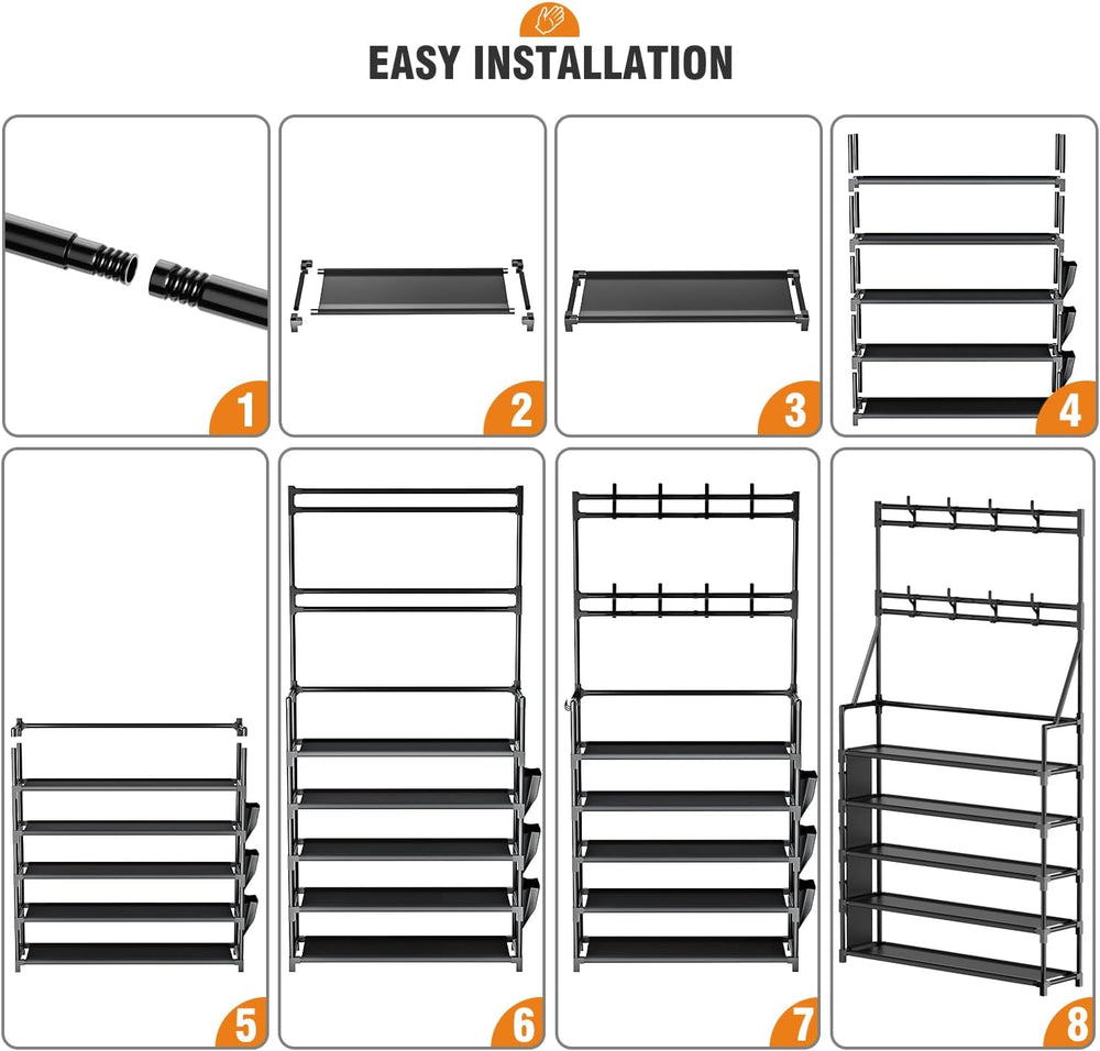 OYREL Shoe Rack, 5 Tier Shoes Storage Organizer with Hooks and Side Pocket