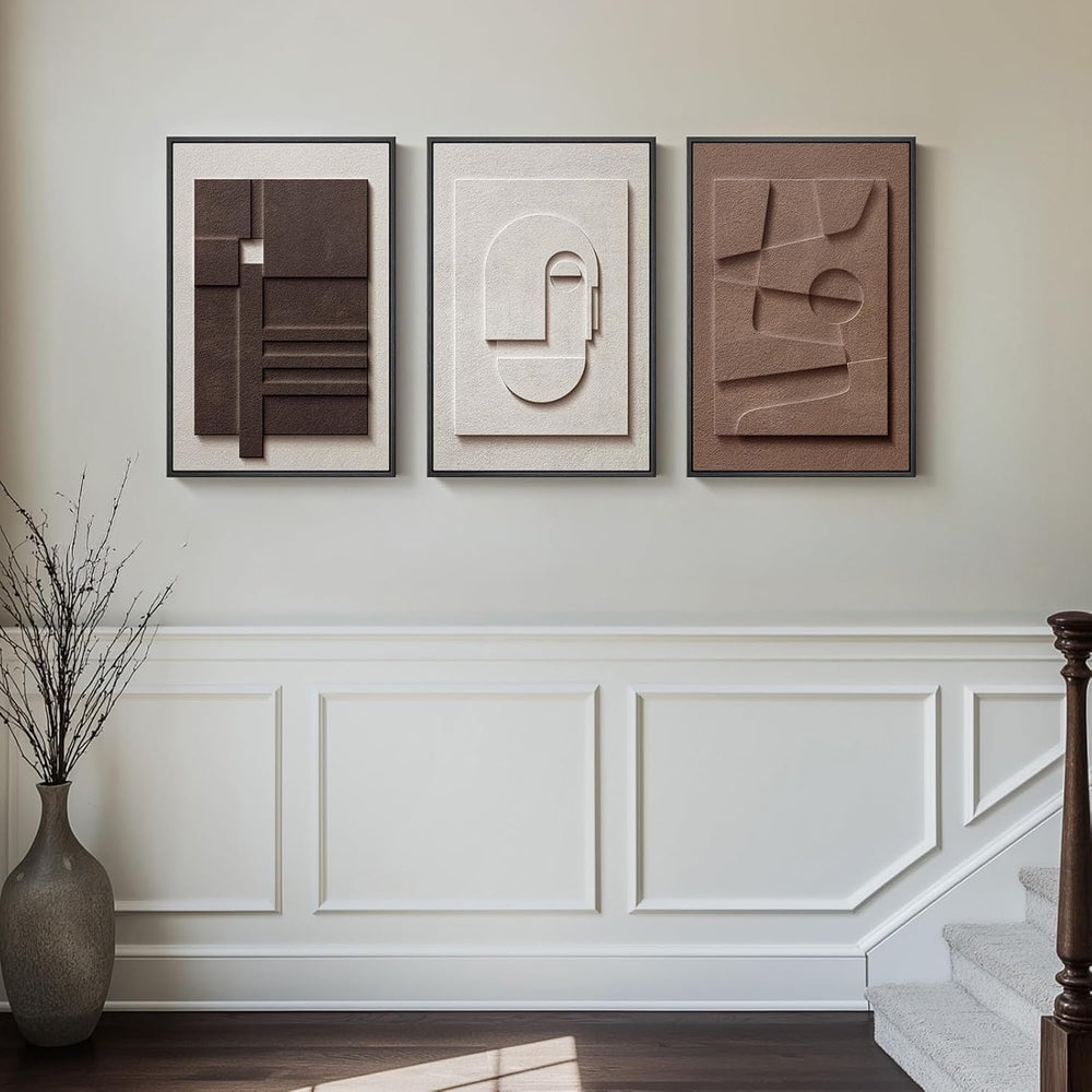 3D Textured Framed Brown and White Abstract Wall Art Set, 3 Piece 16x24 In